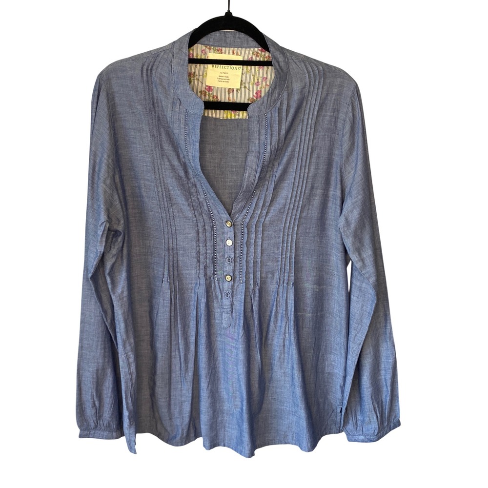 Natural Reflections Blue Chambray Pintuck Lace Trim Blouse XL Long Sleeve